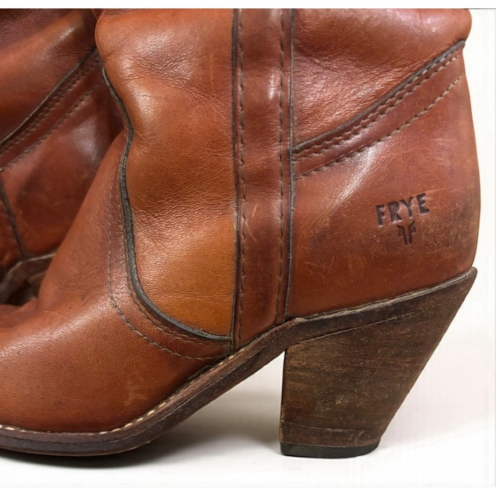 Vtg Frye 70's Campus Leather Stacked Heel Riding Boots Womens 8 Cognac Brown USA - Picture 8 of 12